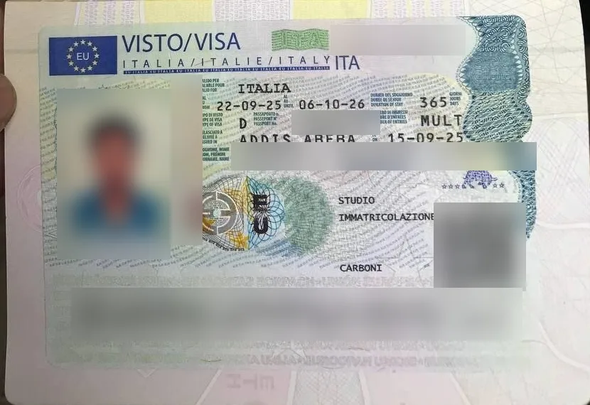 Italy Type D study visa approved for a Yodhub client, personal details blurred